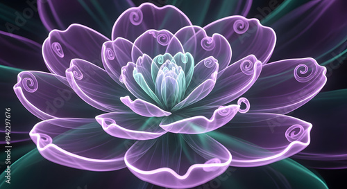 A surreal digital illustration of a glowing lotus flower with translucent purple and turquoise petals blooming in the darkness