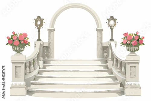 Elegant white stone archway with floral arrangements and staircase detail