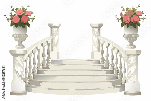 Elegant stone staircase with floral arrangements on ornate vases