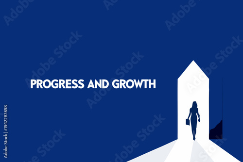 A businesswoman walks towards a bright open doorway symbolizing progress