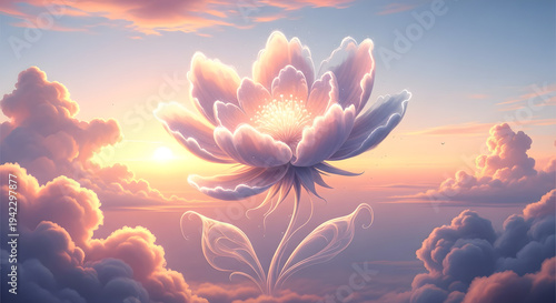 Ethereal Lotus Cloud Bloom A Serene Flower Radiating Soft Light Above a Pastel Sunset Sky, Evoking Tranquility, Spiritual Purity, and Dreamlike Beauty