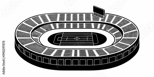 A minimalist black and white illustration of a football stadium