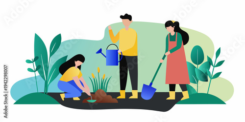 People gardening together planting flowers and tending to greenery