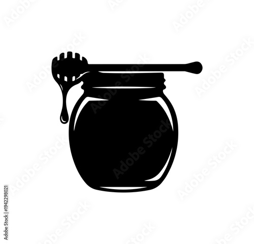 Black Honey Jar with Spoon Vector Illustration