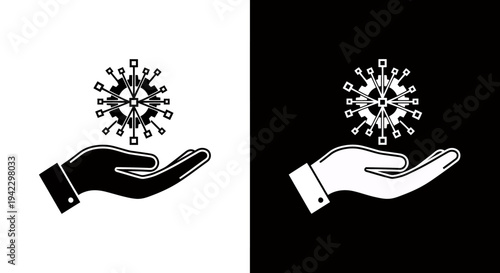 Two hands reach up toward a hovering virus symbol, illustrating protection, prevention, and scientific awareness.