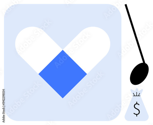 Heart-shaped capsule with blue and white segments, a ladle, and a money bag. Highlights themes thumbs up healthcare funding, pharmaceutical industry, medication costs, and financial investments in