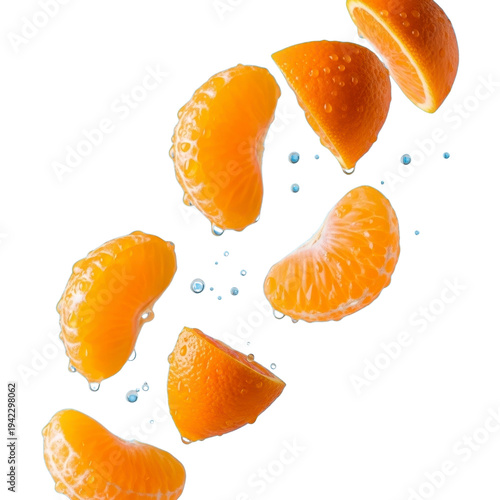 Falling tangerine slices with water droplets
