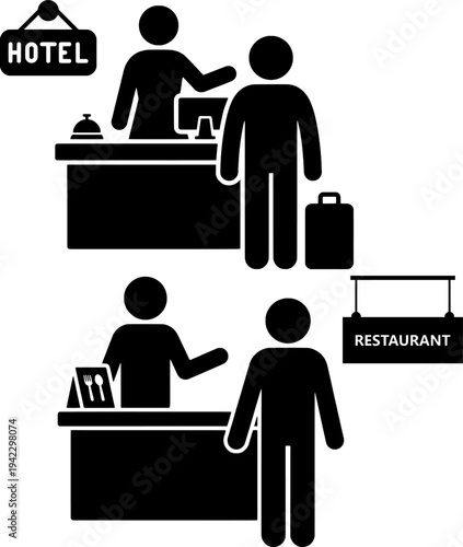 Hotel Reception and Restaurant Service Icons – Hospitality Check In, Guest Service, Dining Counter