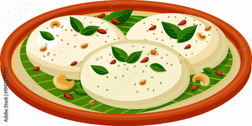 A colorful illustration depicting three idlis garnished with curry leaves and spices