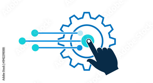 Concept Illustration of Gear and Hand Engaged with Circuitry and Digital Interface.