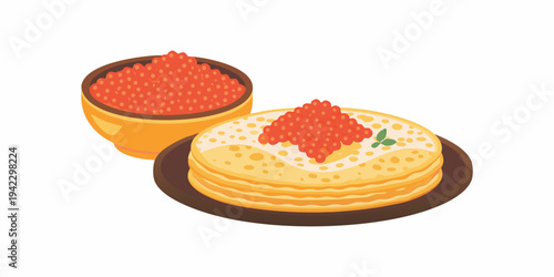 Two servings of fluffy pancakes one topped with vibrant red caviar