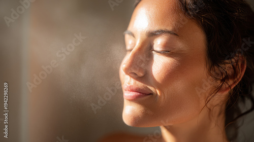 Woman enjoying refreshing face mist for glowing skincare
