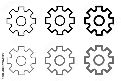 Vector illustration of gear icons set with various line weights and gray scales for industrial engineering and settings web design
