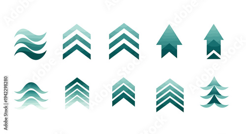 Collection of stylized teal pine tree silhouettes in gradient for decorative design.