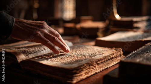 Hand tracing ancient manuscript in dimly lit library