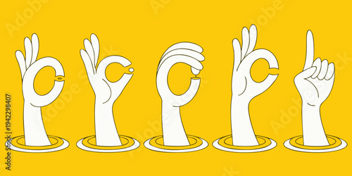 Five stylized white hands forming different hand signs on yellow