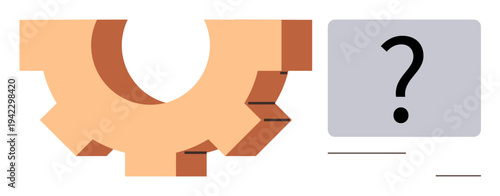 Problem solving, innovation, decision making, process improvement, technical challenges, creative thinking. Gear shape and question mark on a neutral background. Problem solving and innovation