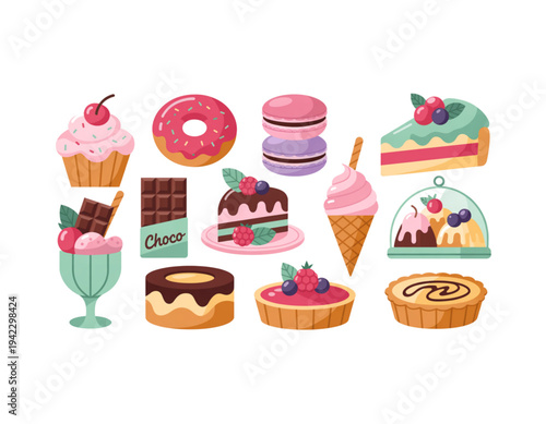 A colorful vector graphic of various sweet desserts on transparent background