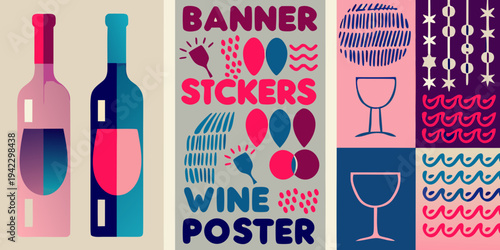 Colorful graphic design featuring wine bottles glasses and sticker motifs