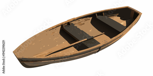Overhead view of a weathered empty wooden rowboat on a white background