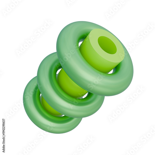 A 3D abstract illustration features three interconnected green rings, each with a lighter green cylindrical core. This stylized graphic is presented as a potential design asset.