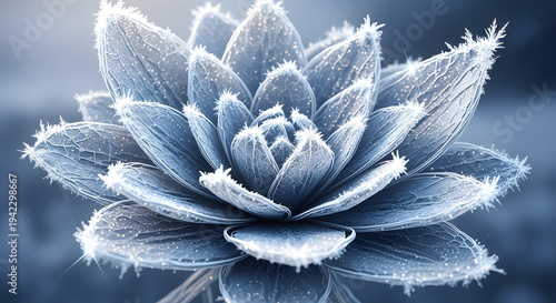 Close-up macro shot of a frost-covered succulent plant with intricate icy details, showcasing delicate textures and a cool, serene winter atmosphere