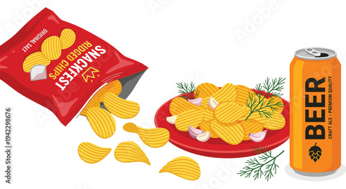Bag of ridged potato chips spilling onto red plate with garlic and dill next to beer can