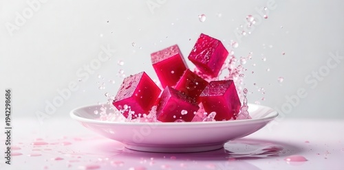Vibrant ruby geometric shapes cascade into a delicate porcelain dish, creating a dynamic splash of refreshing liquid in a striking visual presentation