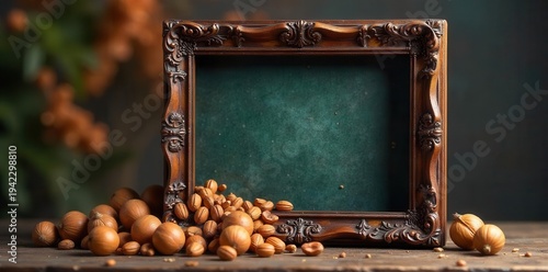 An ornate antique wooden frame displays a textured dark green background, adorned with scattered autumnal nuts and seeds on a rustic wooden surface