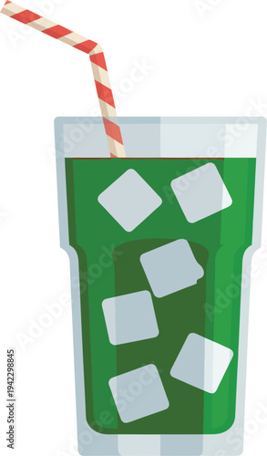 Green Drink with Ice Cubes and Striped Straw in Tall GlassRefreshing Beverage Illustration