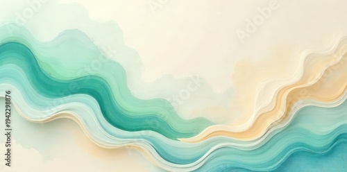 Serene undulating watercolor layers evoke a sense of peaceful flowing movement across a tranquil landscape