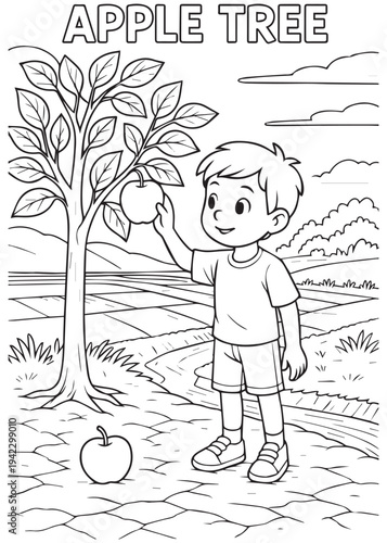 coloring book page boy reaching to pluck an apple from a tall branch near a path