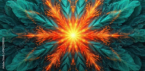 Radiant fiery core emerges from deep swirling teal organic forms creating a vibrant and energetic naturalistic abstract pattern