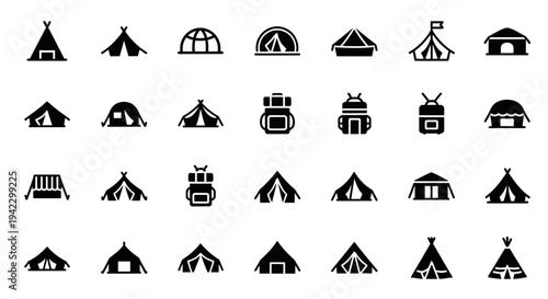 Collection of various tent illustrations, shelters, and camping gear icons suitable for outdoor activities and travel
