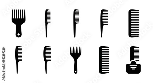 Collection of black silhouette icons representing various types of hair combs and grooming tools