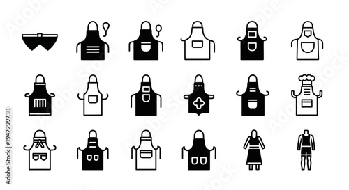 Diverse collection of stylized apron icons, showcasing various designs suitable for culinary professionals, home cooks, and kitchen-themed graphic projects