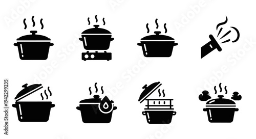 Collection of various cooking pots and steaming devices with steam rising, presented as black icons on a white background
