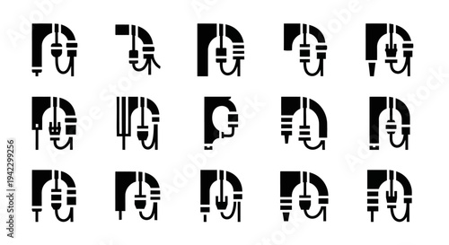 Set of abstract geometric corner bracket icons representing infrastructure, construction, and engineering solutions in a stylized, minimalist design