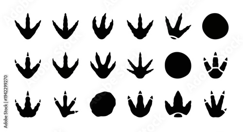 Collection of various animal footprints and paw prints in black and white silhouette for design and illustration purposes