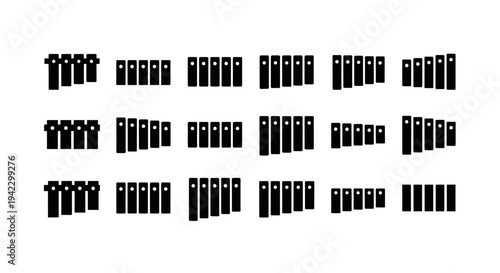 Collection of xylophone icons in black and white, illustrating a musical instrument with wooden bars