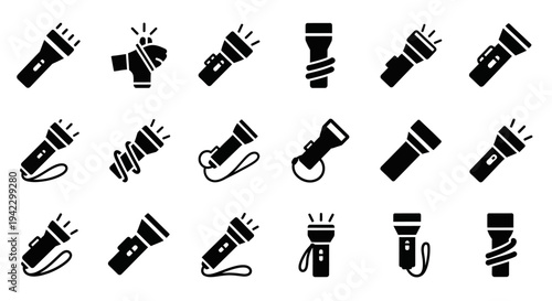 Collection of various flashlight icons in a black and white illustration style, showcasing different designs and functionalities