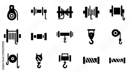 Industrial lifting equipment designs A collection of silhouette icons showcasing winches, hoists, and pulleys, perfect for engineering and construction visuals