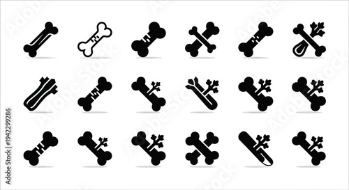 A comprehensive set of stylized bone vector icons, featuring diverse anatomical forms and graphic interpretations for various design applications