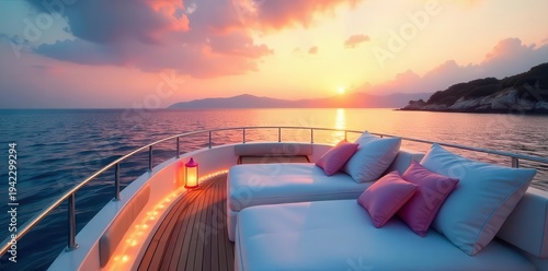 Serene yacht deck with plush seating and decorative lighting at sunset overlooking tranquil waters and distant hills