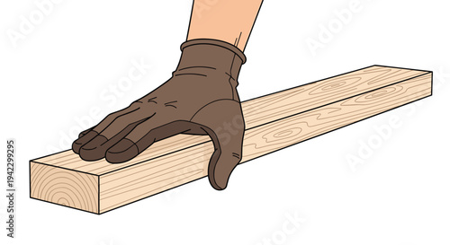 A gloved hand is firmly holding a long, light-colored wooden plank against a plain white background.