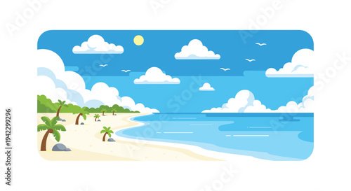 A serene tropical beach scene displays a calm blue ocean, a wide sandy shore, and several palm trees under a bright sky.