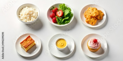 A delightful assortment of delicious foods and treats presented on simple white plates, showcasing a variety of textures and colors