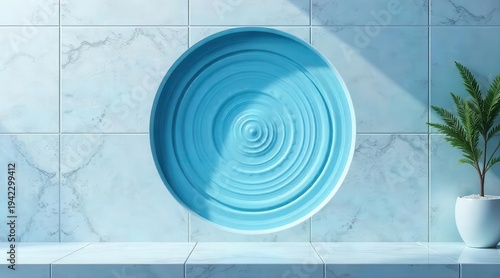A serene circular pattern on a cyan plate creates ripples of light and shadow against a cool marble tiled backdrop, complemented by a plant.