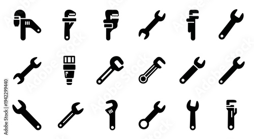Collection of Various Wrench and Plumbing Tool Icons, Illustrating a Variety of Hardware and Repair Equipment