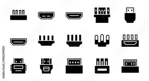 Comprehensive collection of digital audio video connector icons, showcasing a variety of common port and plug types for multimedia devices and display interfaces in a flat, silhouette style
